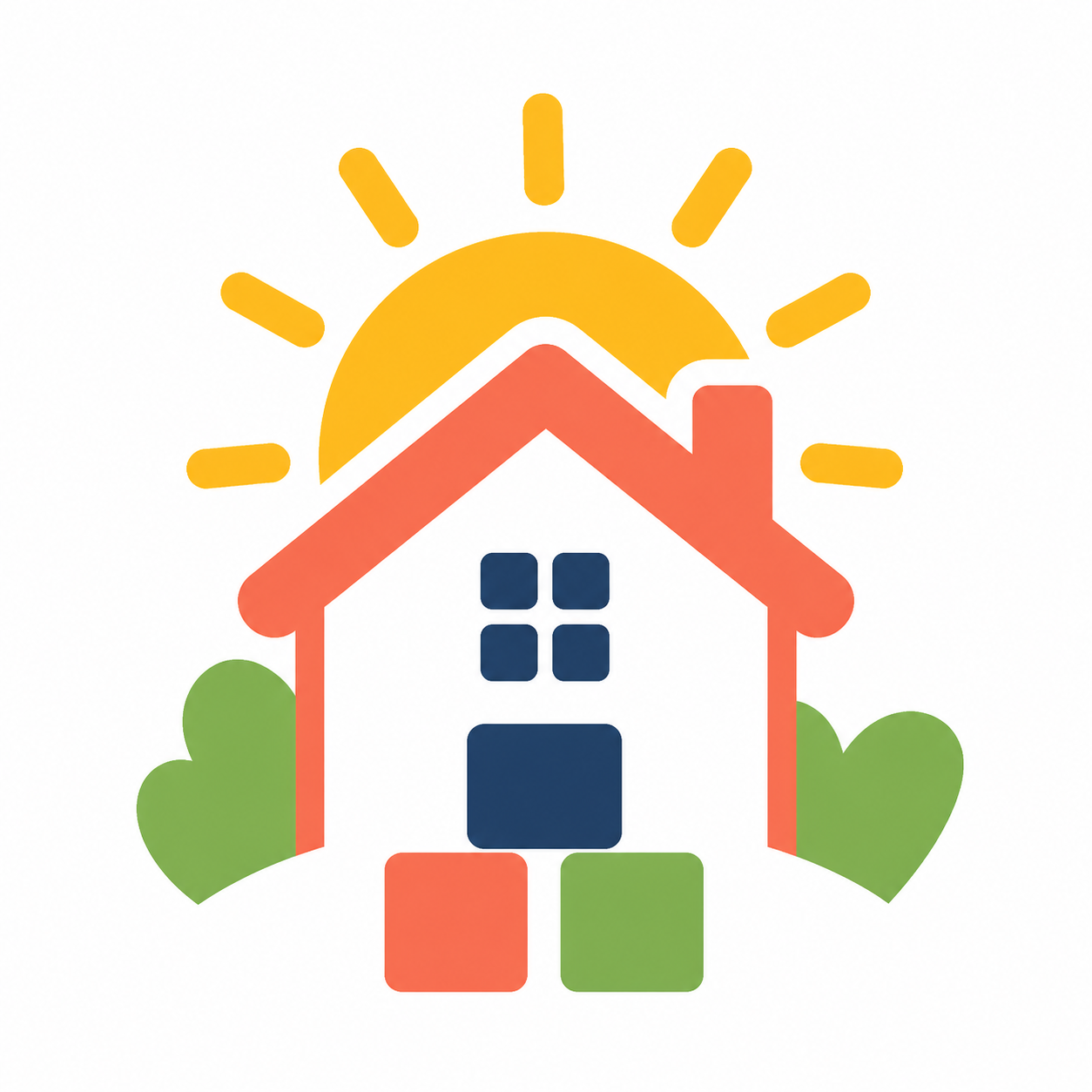 A welcoming home, sunshine, greenery, and colorful learning blocks